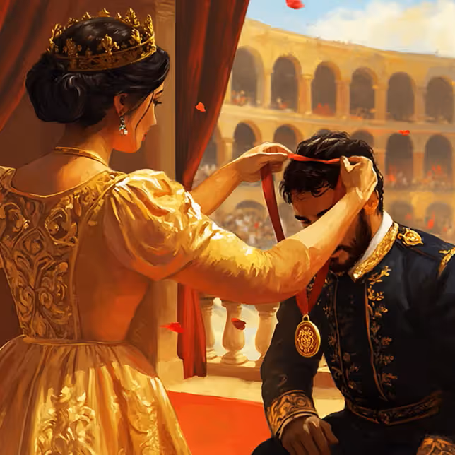 Un joueur couronné par une femme élégante dans une salle de casino dorée, symbole de réussite et de prestige au Casinia Casino.